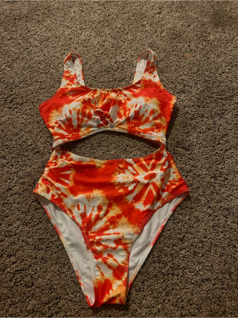 Tie-Dye Cutout One-Piece Swimsuit - Orange & White